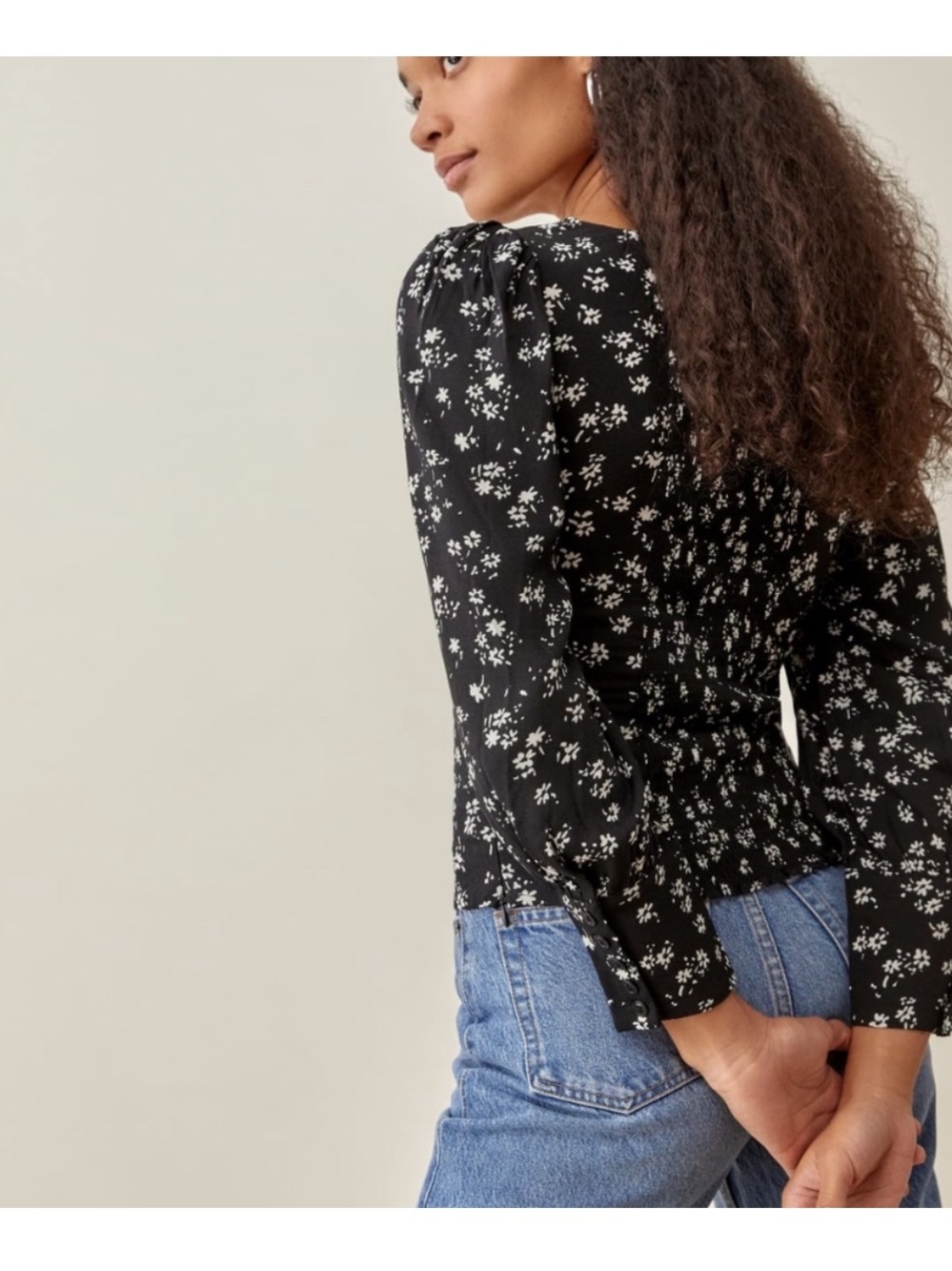 Reformation Black Floral Square-Neck Long Sleeve Top - Picture 4 of 9